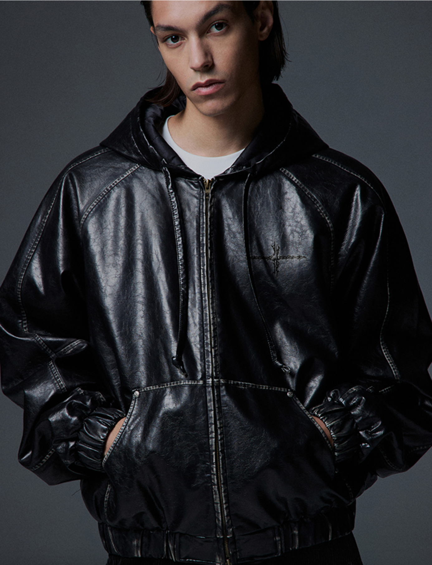 Crop Leather Vintage Hooded Jacket BLACK