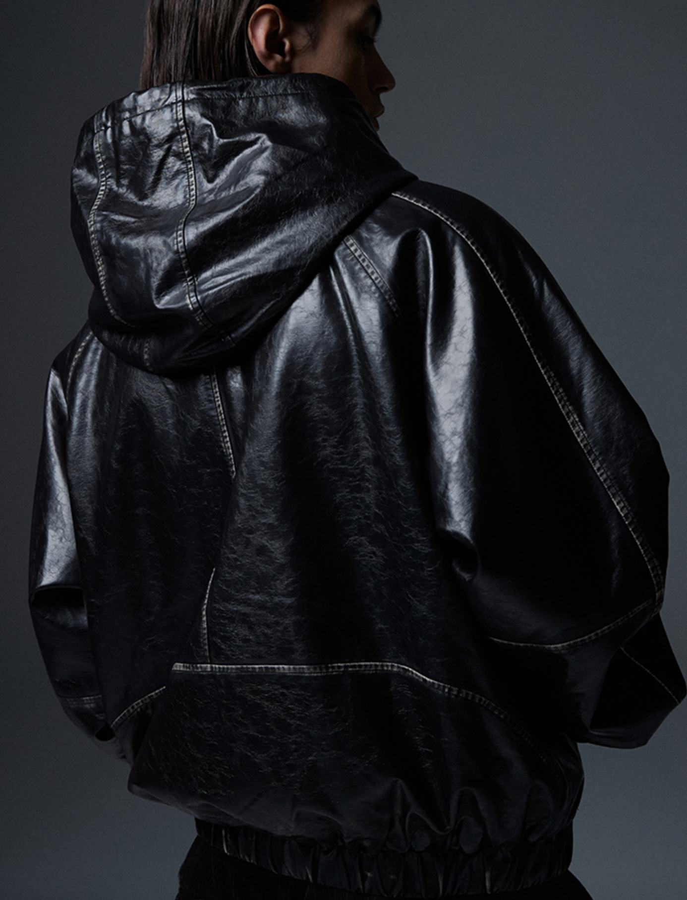 Crop Leather Vintage Hooded Jacket BLACK