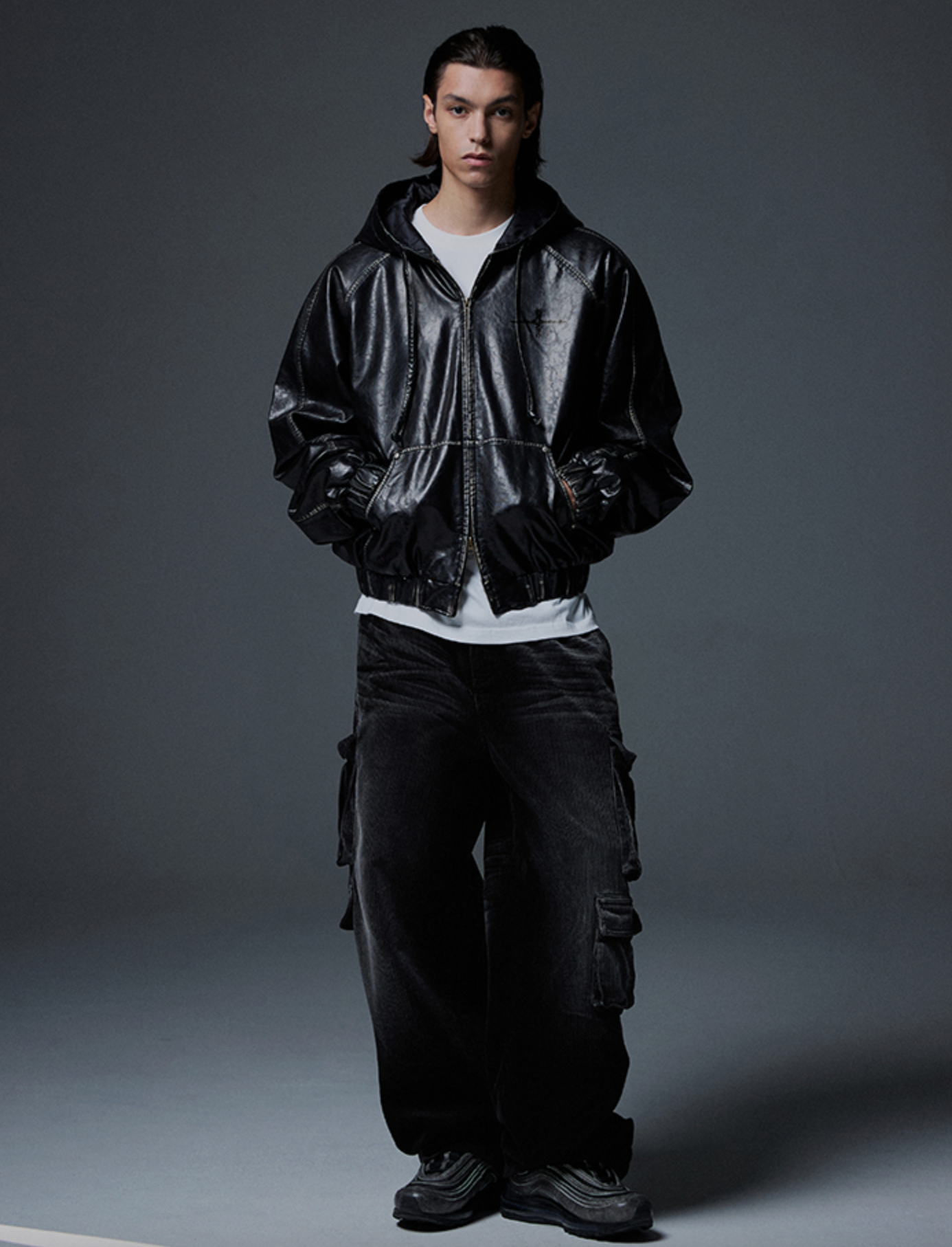 Crop Leather Vintage Hooded Jacket BLACK