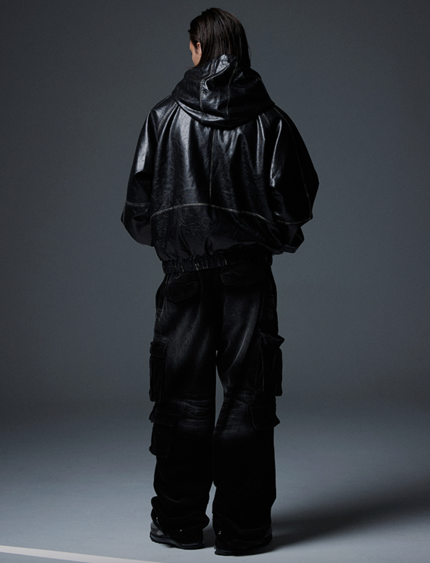 Crop Leather Vintage Hooded Jacket BLACK