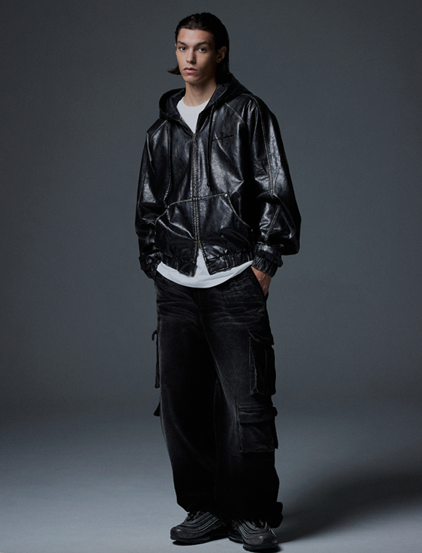 Crop Leather Vintage Hooded Jacket BLACK