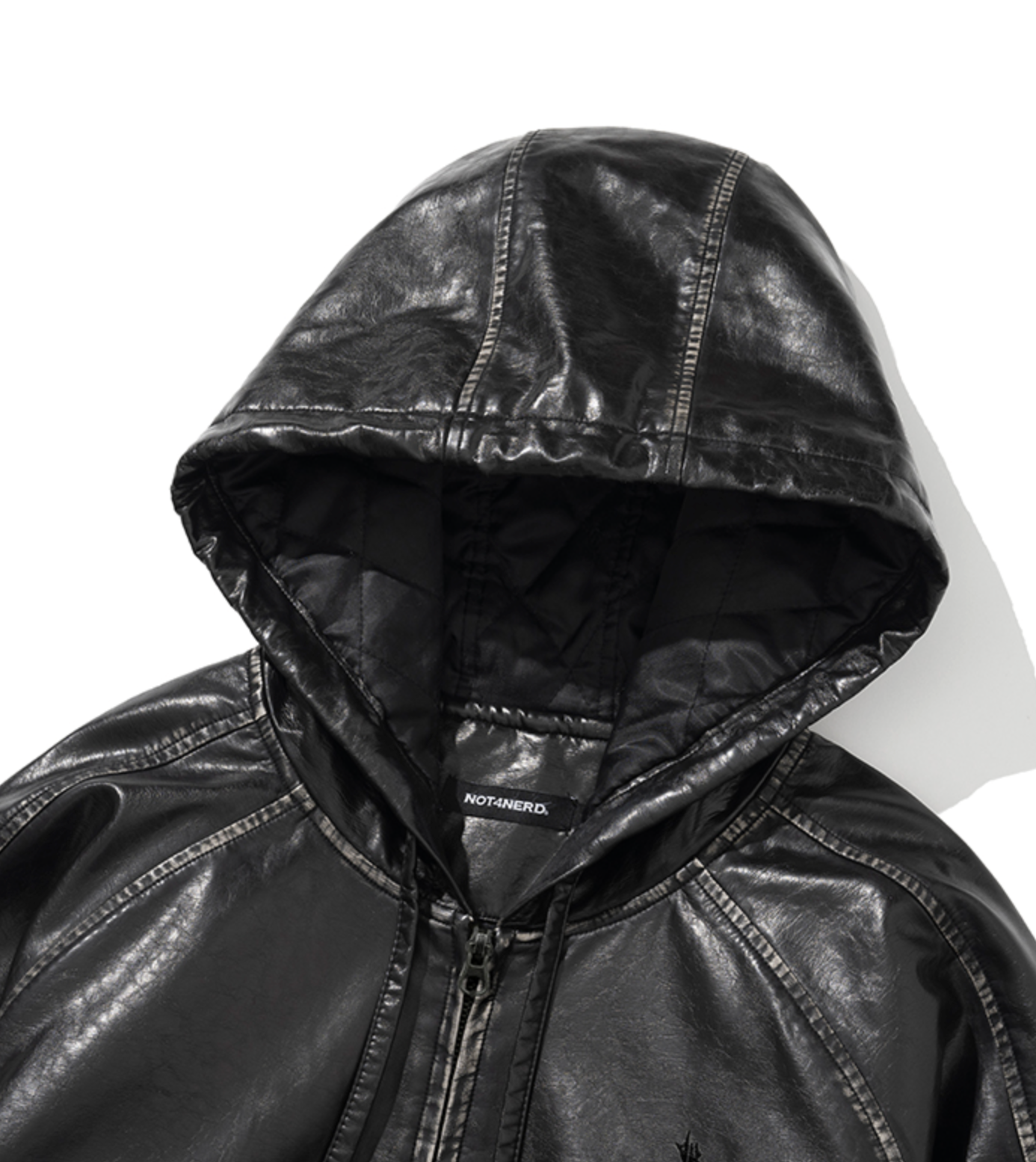 Crop Leather Vintage Hooded Jacket BLACK
