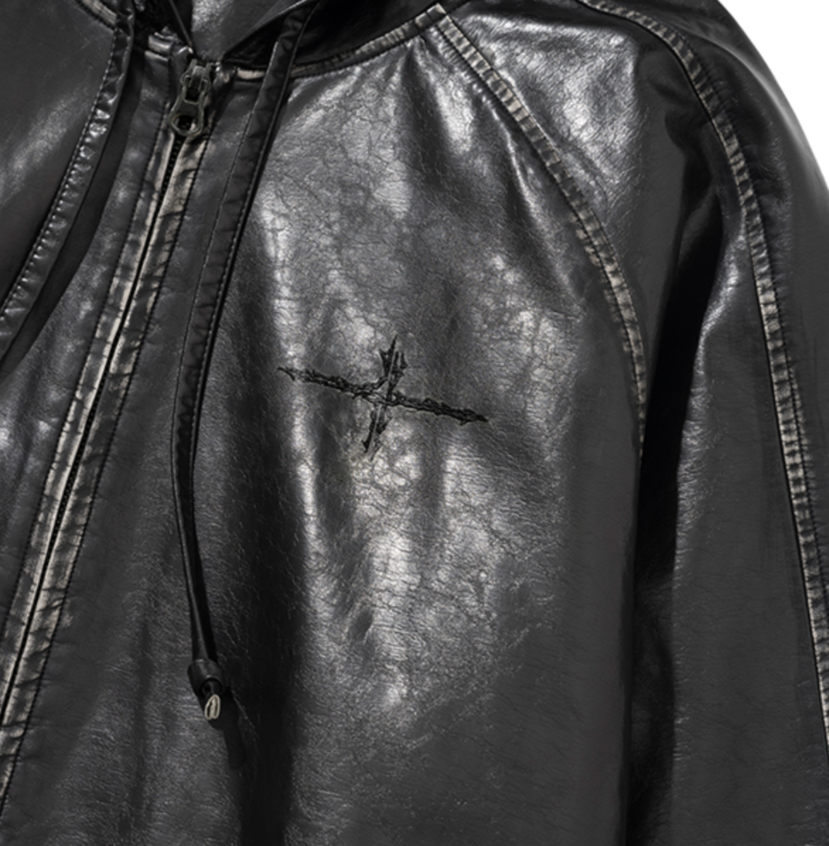 Crop Leather Vintage Hooded Jacket BLACK