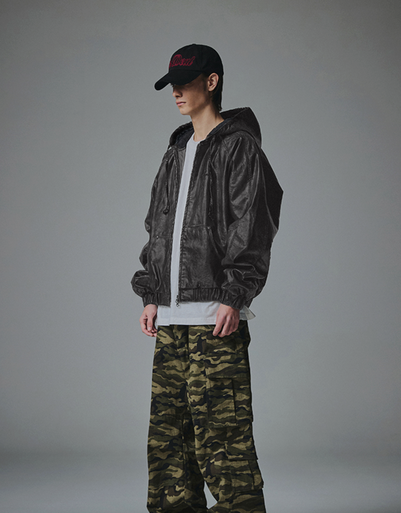 Crop Leather Vintage Hooded Jacket CHARCOAL