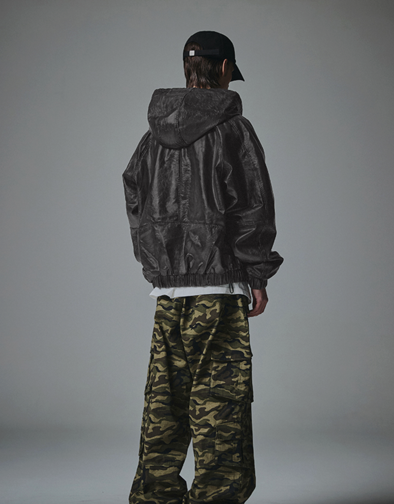 Crop Leather Vintage Hooded Jacket CHARCOAL