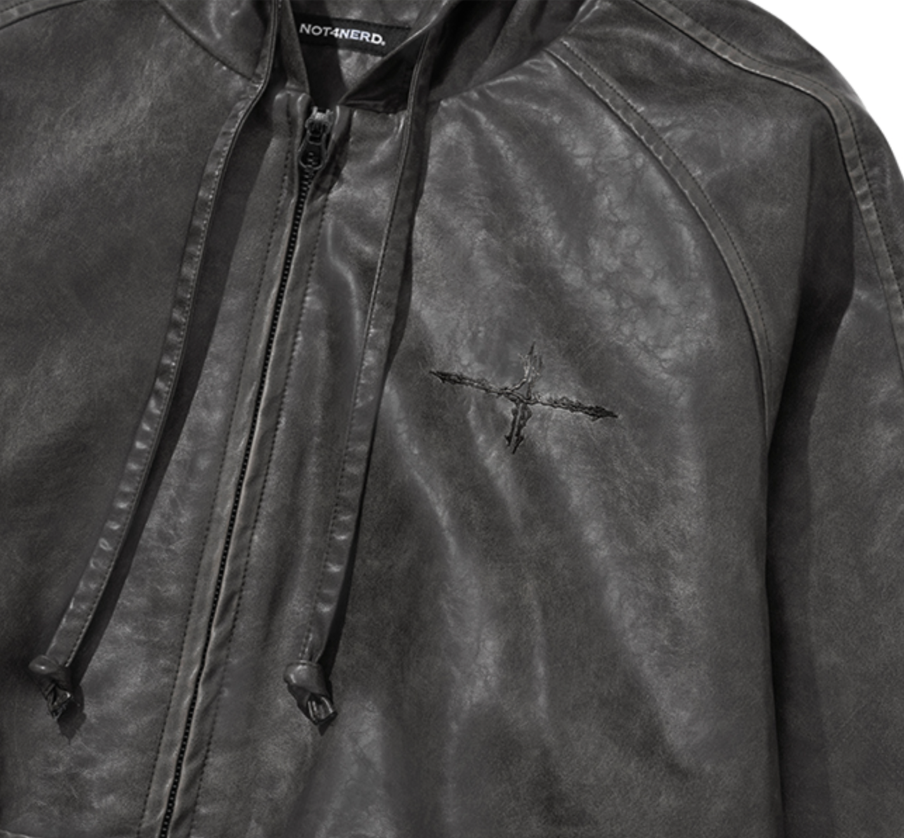 Crop Leather Vintage Hooded Jacket CHARCOAL