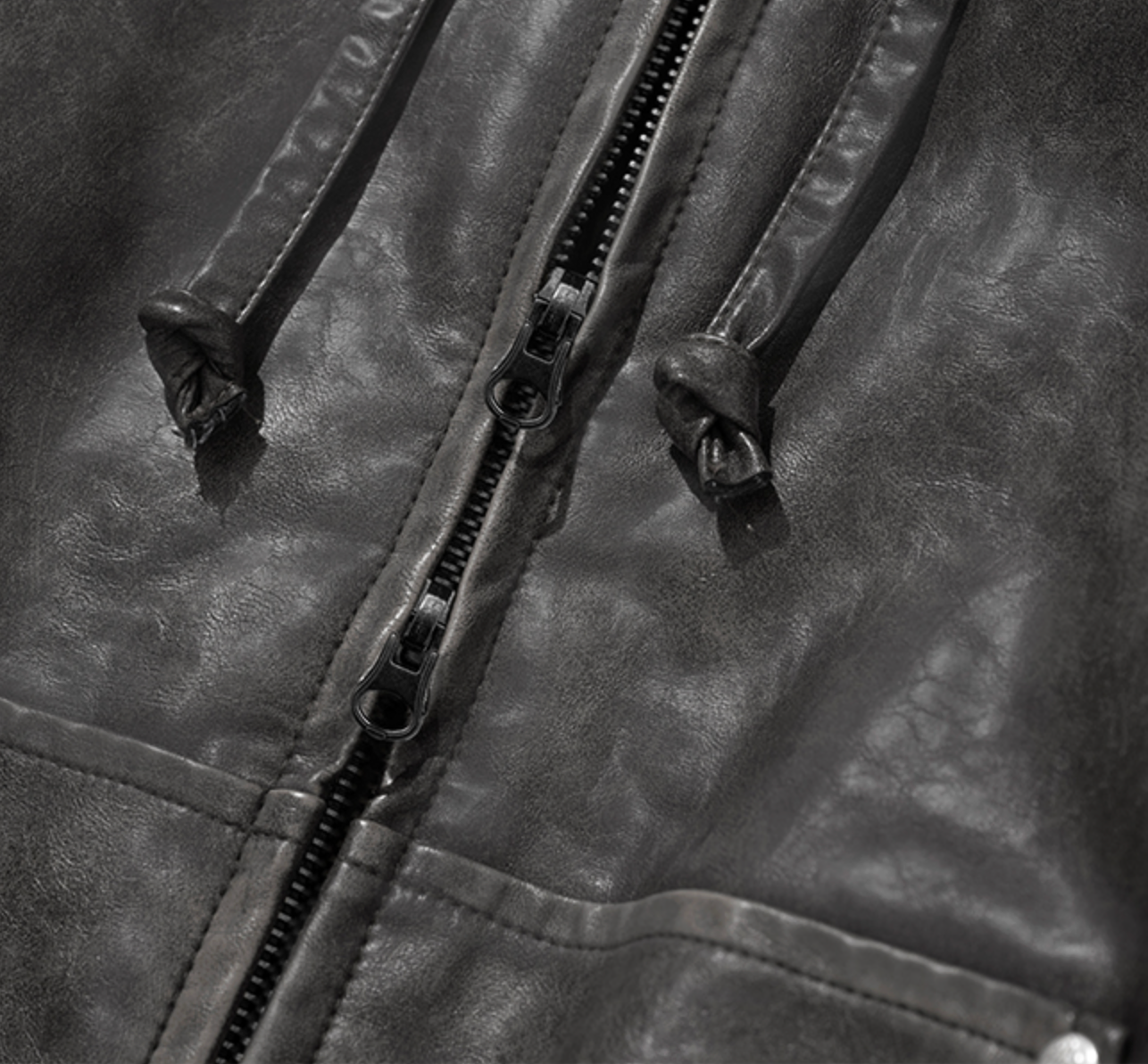 Crop Leather Vintage Hooded Jacket CHARCOAL