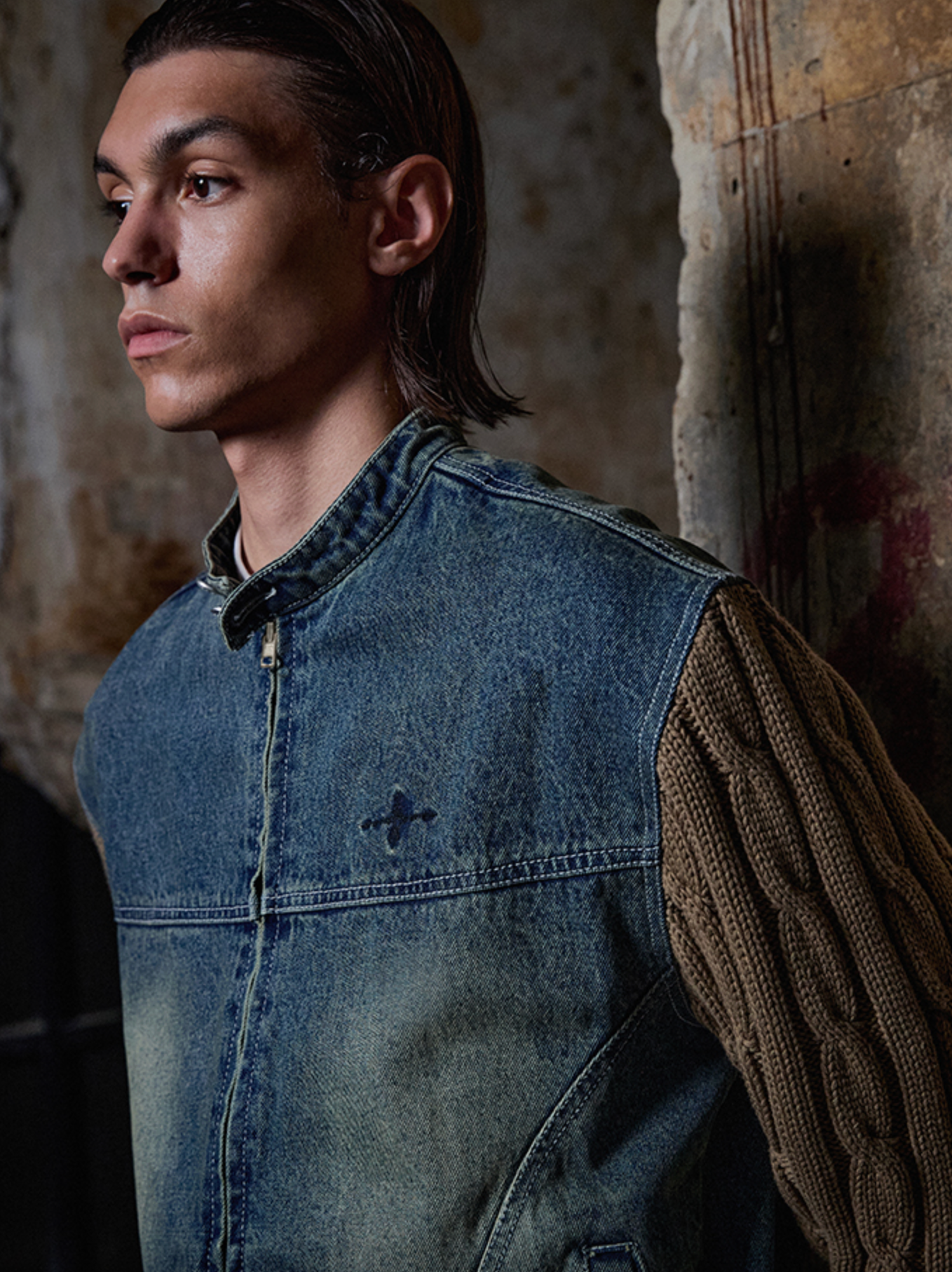 Knit Sleeve Denim Jacket DEEP BLUE