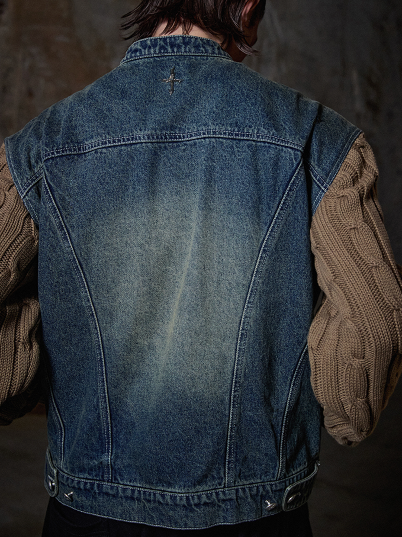 Knit Sleeve Denim Jacket DEEP BLUE