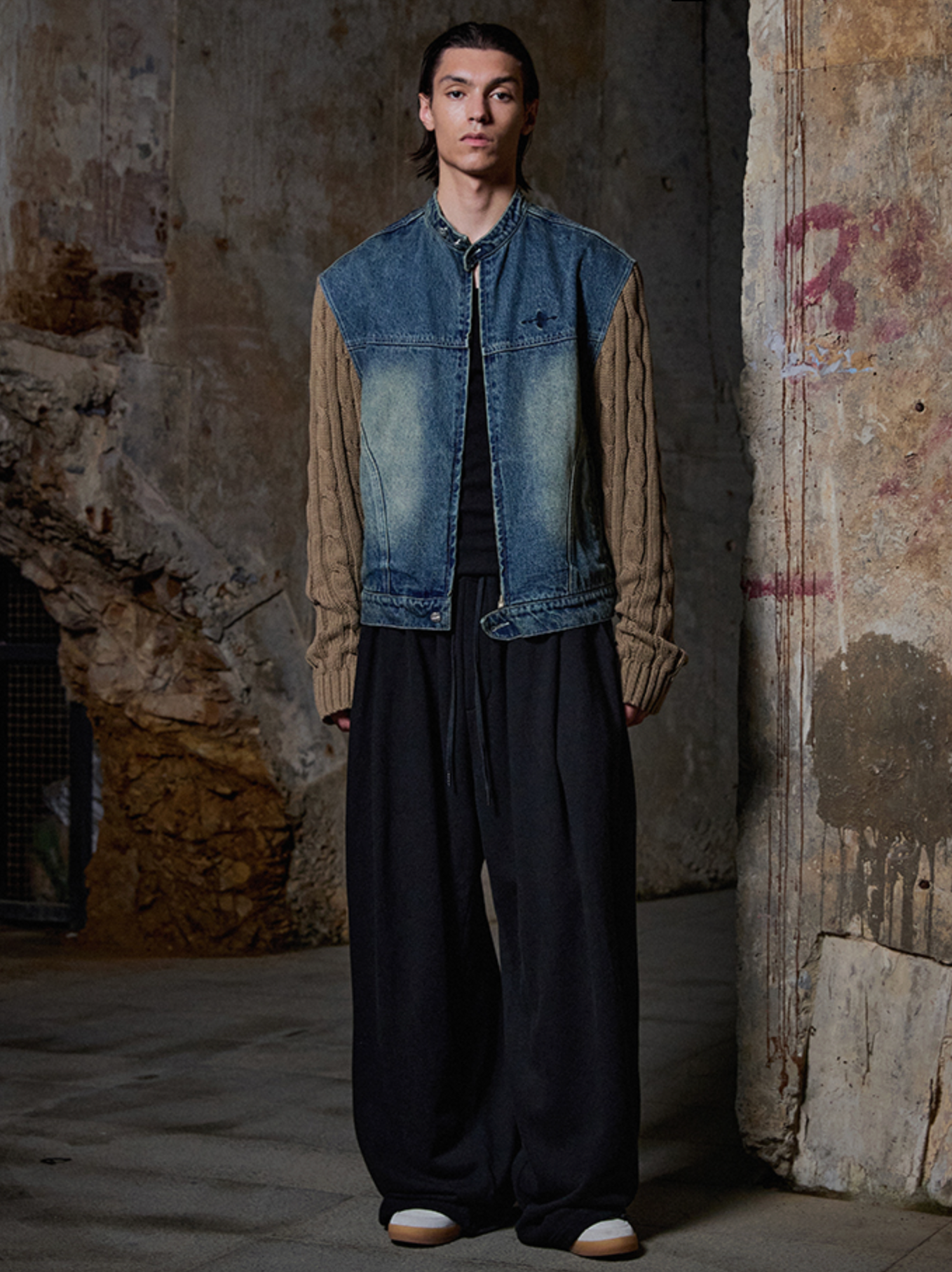 Knit Sleeve Denim Jacket DEEP BLUE