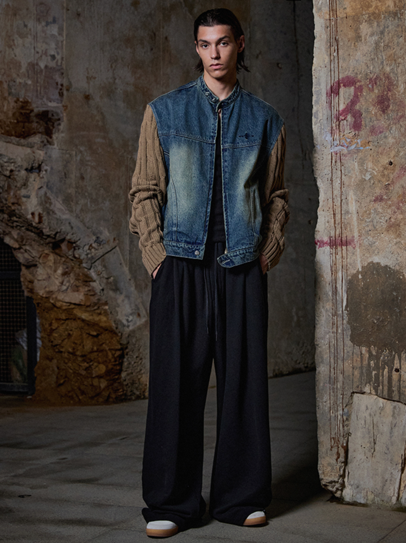 Knit Sleeve Denim Jacket DEEP BLUE