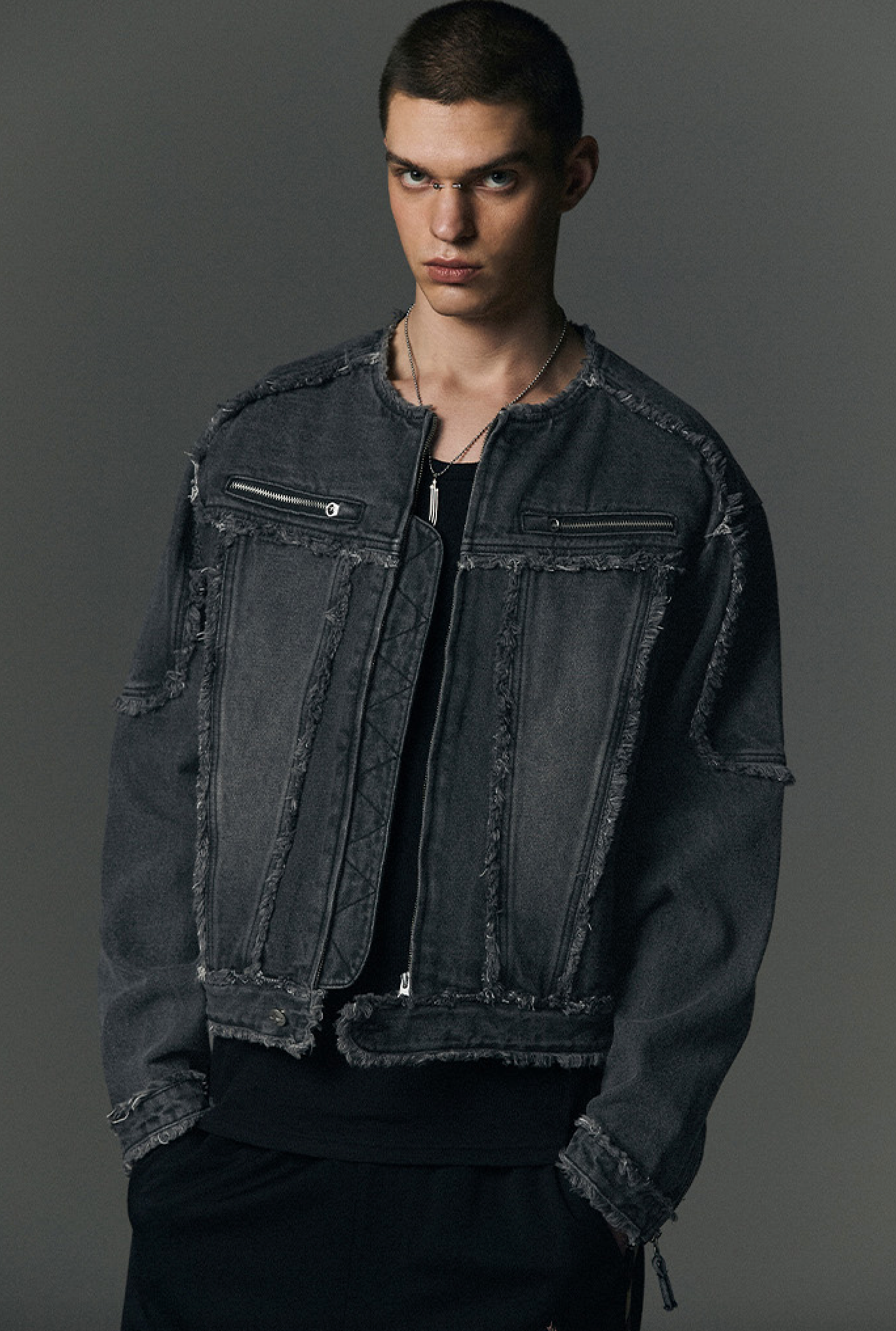 Cut Off Non-Collar Denim Jacket BLACK