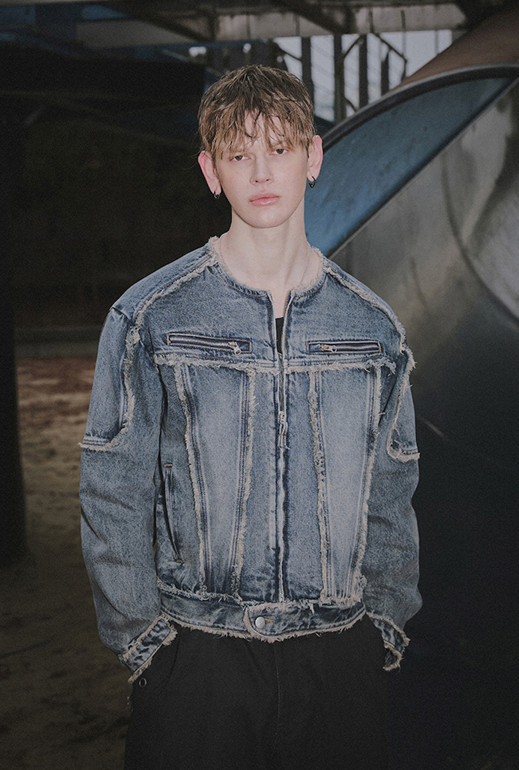 Cut Off Non-Collar Denim Jacket DEEP BLUE