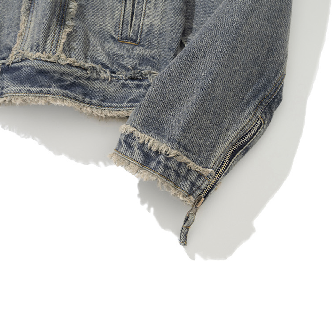 Cut Off Non-Collar Denim Jacket DEEP BLUE