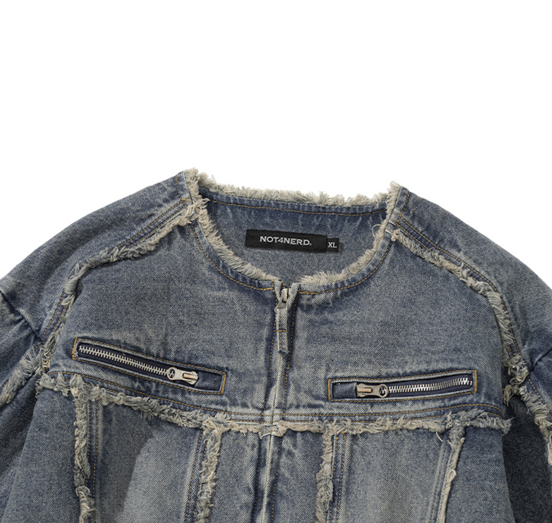 Cut Off Non-Collar Denim Jacket DEEP BLUE