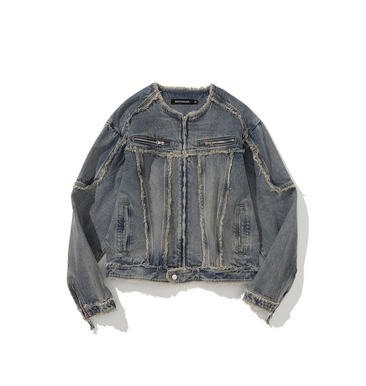 Cut Off Non-Collar Denim Jacket DEEP BLUE
