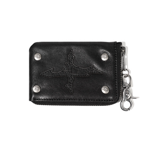 Patched Leather Side Zipper Card Wallet BLACK