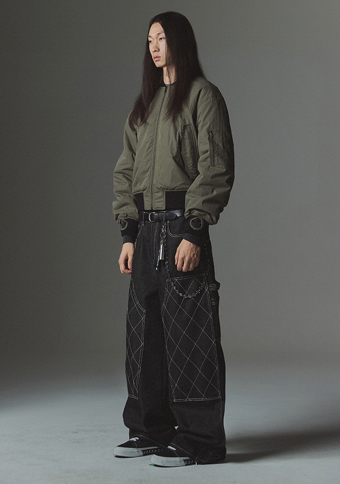 Stitch Double Knee Denim Pants DEEP BLACK