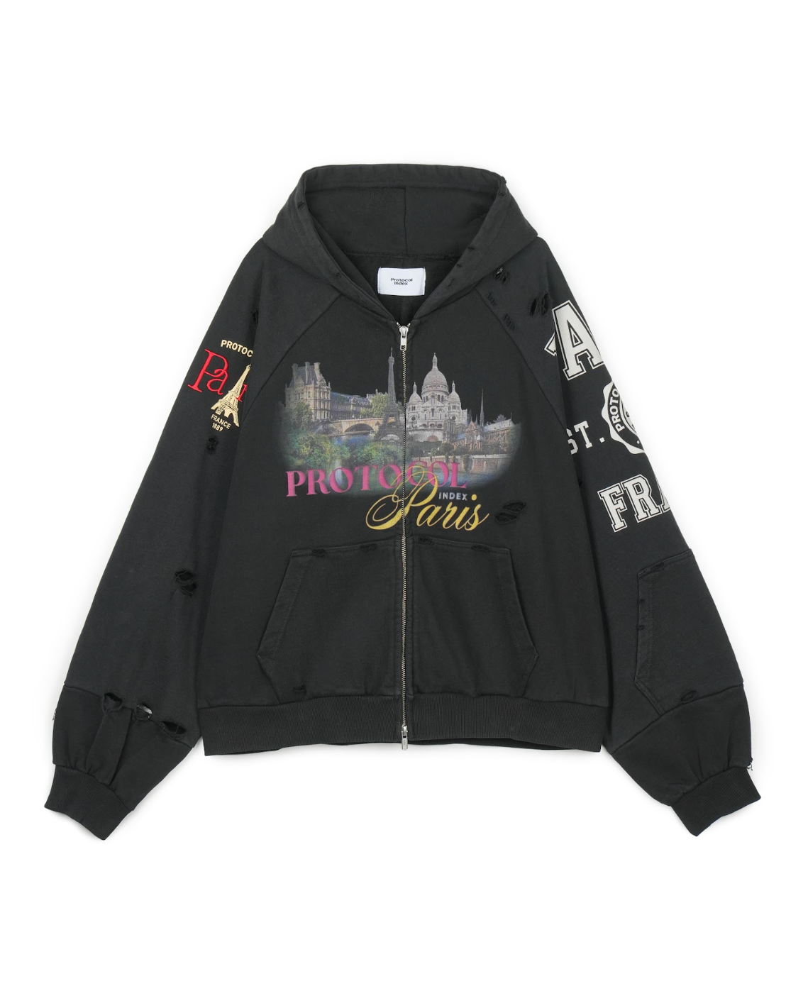 Paris Reconstructed Zip-Up Hoodie BLACK
