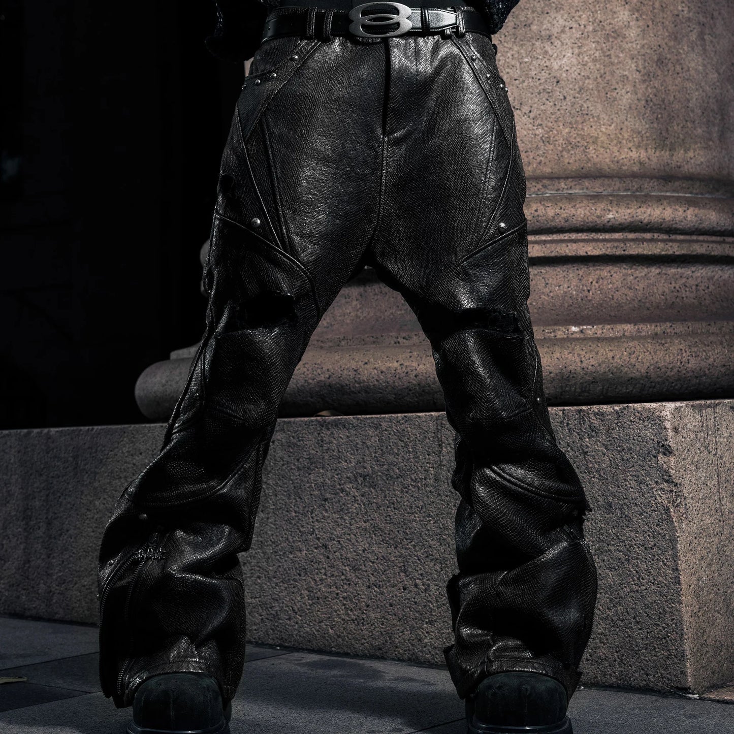 SSN V.05 Snake Skin Denim Distressed Flared Pants BLACK