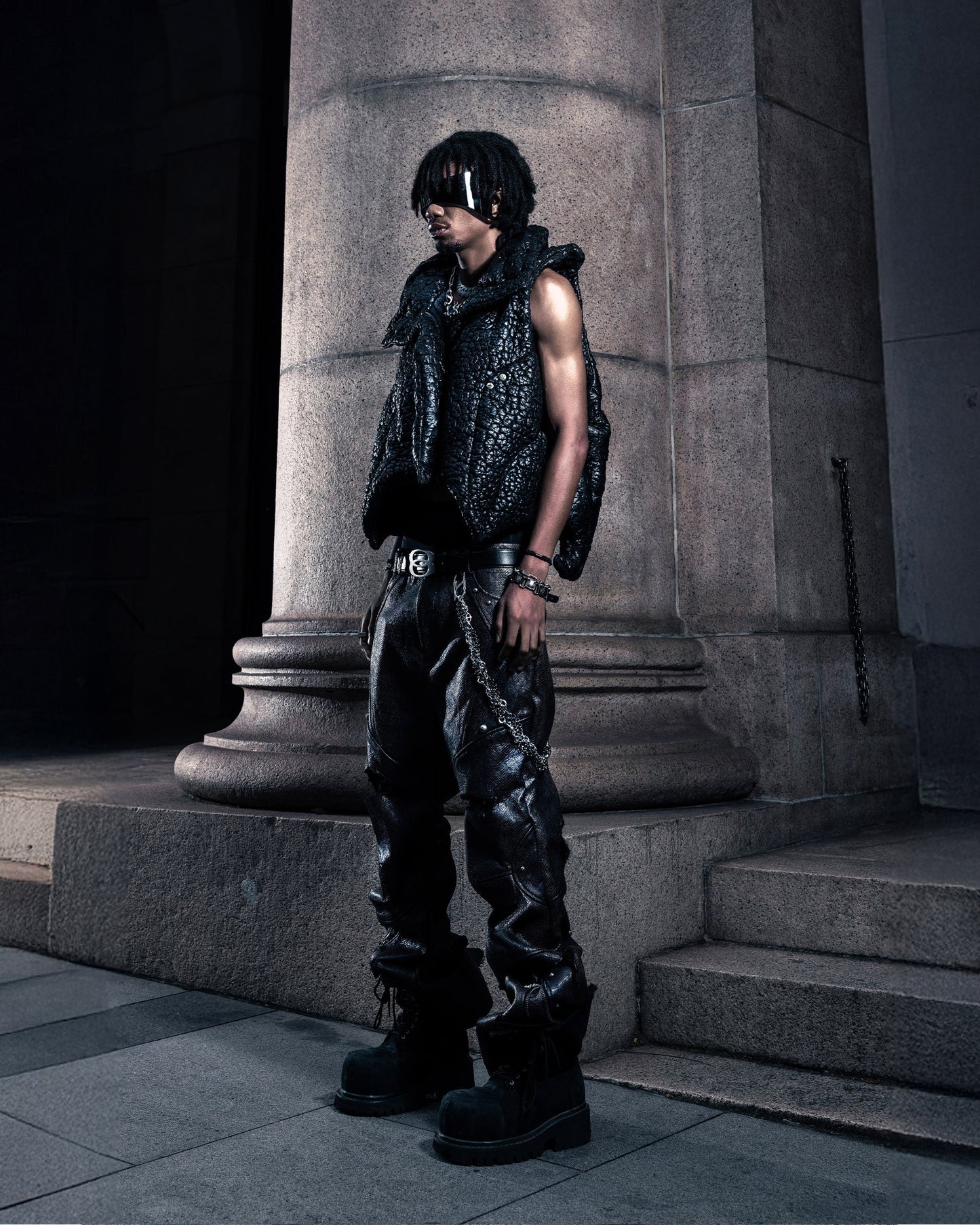 SSN V.05 Snake Skin Denim Distressed Flared Pants BLACK